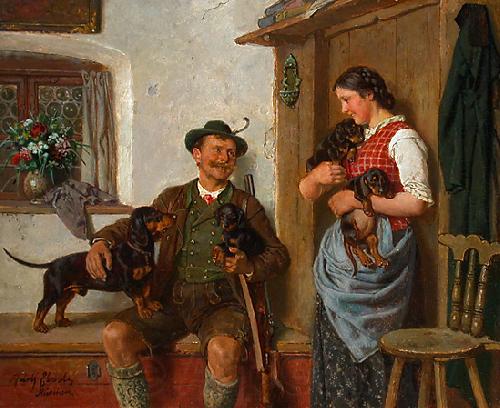 Gustav Eberlein Die Dackelfamilie mit Jager und Magd Germany oil painting art